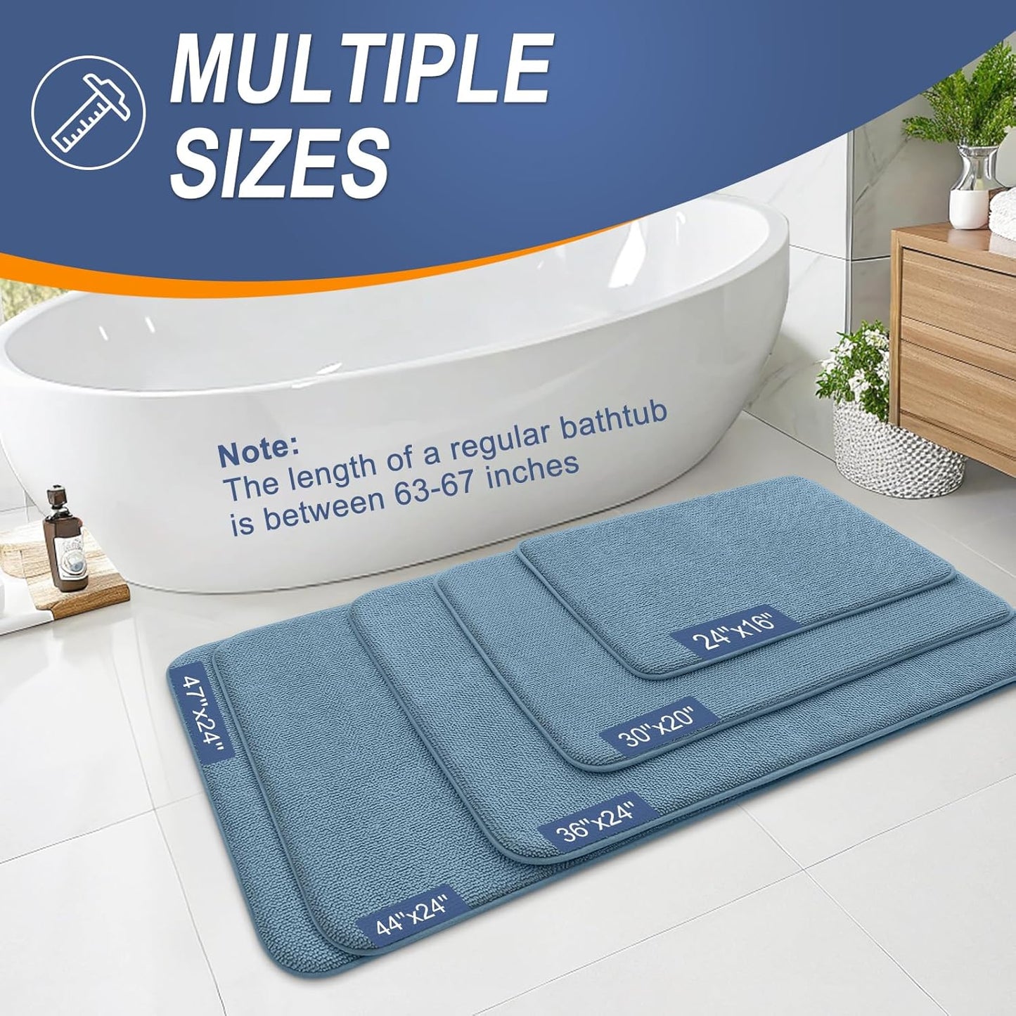 OLANLY Thick Memory Foam Bath Mat Rug 47x24, Extra Soft Absorbent Bathroom Rug, Quick Dry Bath Mats, Non-Slip, Machine Washable Carpet for Bathroom, Tub and Shower, Home Decor Accessories, Airy Blue