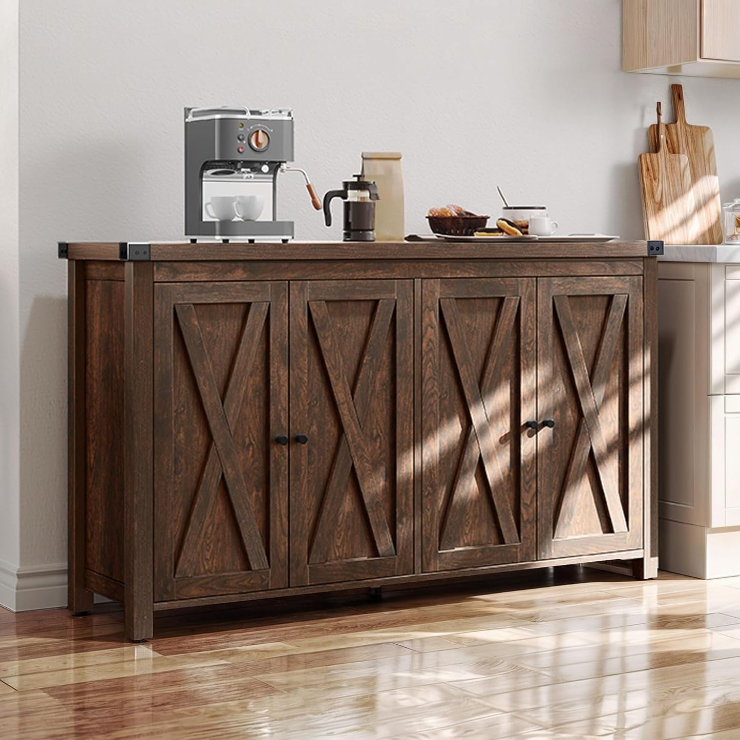 YITAHOME 55'' Buffet Cabinet with Storage, Farmhouse Sideboard Cabinet Coffee Bar Cabinets with Barn Doors ＆ Adjustable Shelves for Kitchen, Living Room, Brown