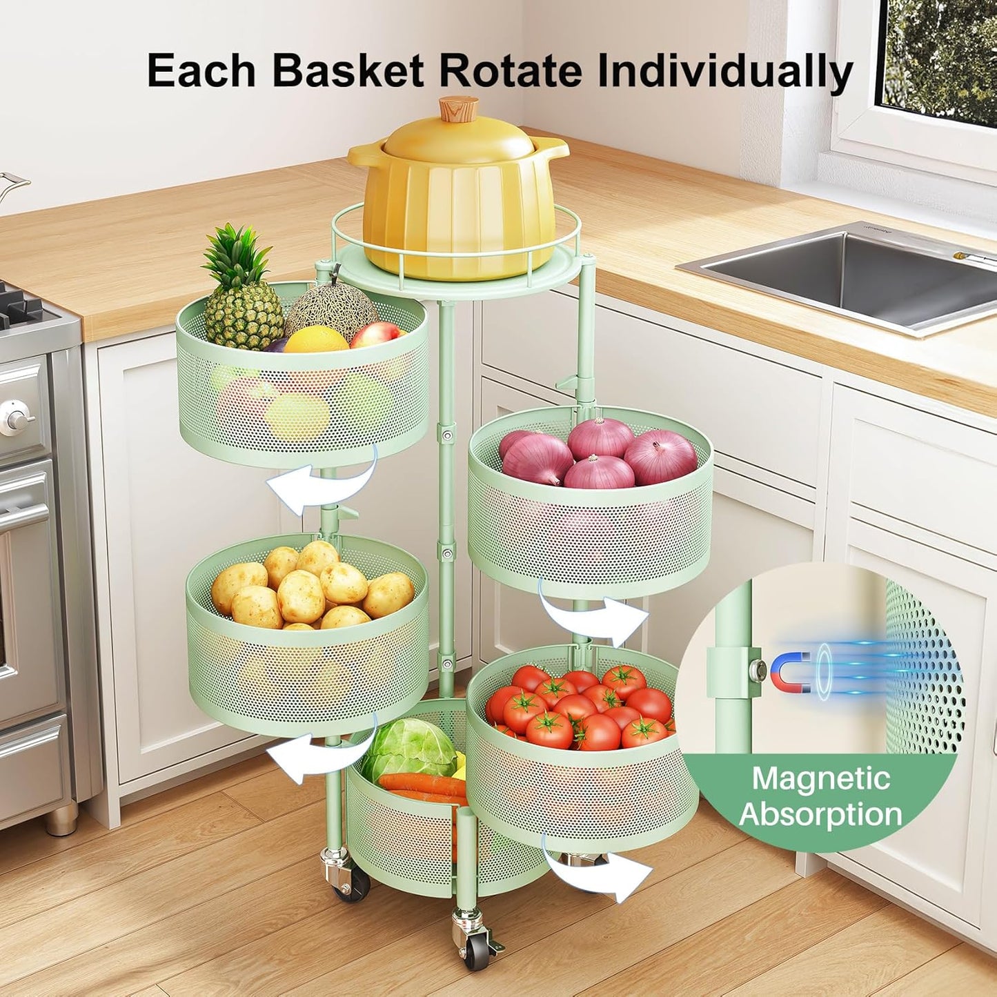SAYZH Fruit Vegetable Basket for Kitchen, Rotating Storage Rack, 5 Tier Rolling Cart with top lid, Large Metal Wire Basket for for Potato Onion Snack, Black (Green)
