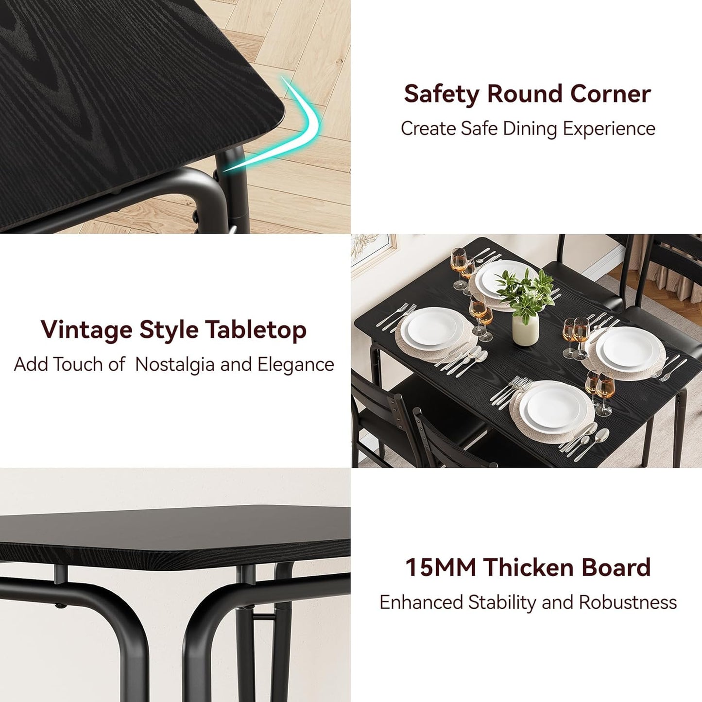 5 Piece Dining Table Set for 4, Compact Square Table Chairs, Sturdy MDF Top, Metal Frame, Space-Saving Breakfast Set for Kitchen, Apartment, Office, Easy Assembly Wipe-Clean