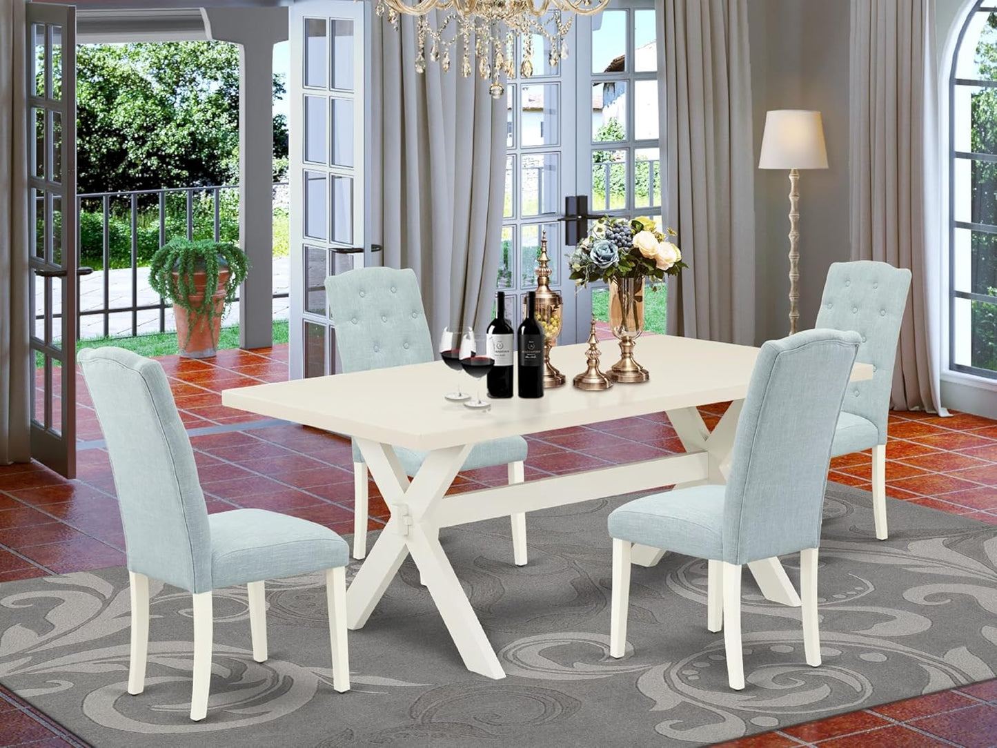 East West Furniture X027CE215-5 5 Piece Modern Dining Table Set Includes a Rectangle Wooden Table with X-Legs and 4 Baby Blue Linen Fabric Upholstered Chairs, 40x72 Inch, Multi-Color