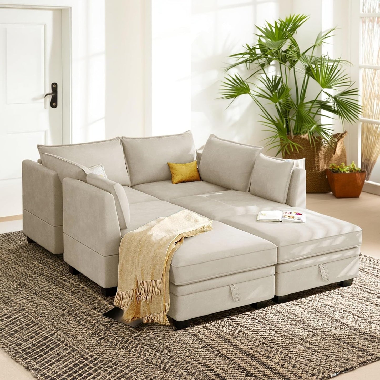 115.1 Inch Oversized U-Shape Sectional Sofa with Removable Ottoman and Storage Seat, Modular Upholstered Convertible Couch Bed w/Reversible Chaise for Living Room, Office, Beige