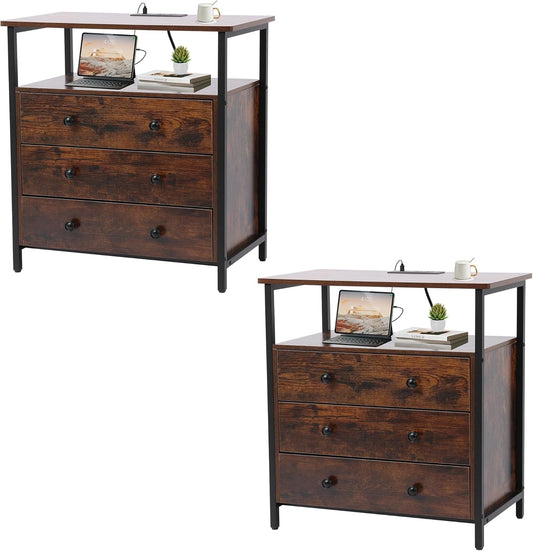 3 Wooden Drawers Nightstand, 27 Inch Wide Night Stand Set 2 with Charging Station and Adjustable Drawers, Bedside Table for Living Room/Bedroom/Office, Retro Brown.