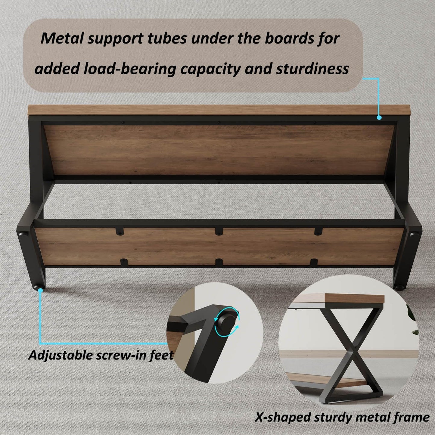 IBF Wood Entryway Bench, Wooden and Metal Bedroom Indoor Bench, Industrial Shoe Bench with Storage and Seating, Farmhouse Entry Bench for Foyer Entrance Hallway Living Dining Room, Rustic Oak, 47 Inch