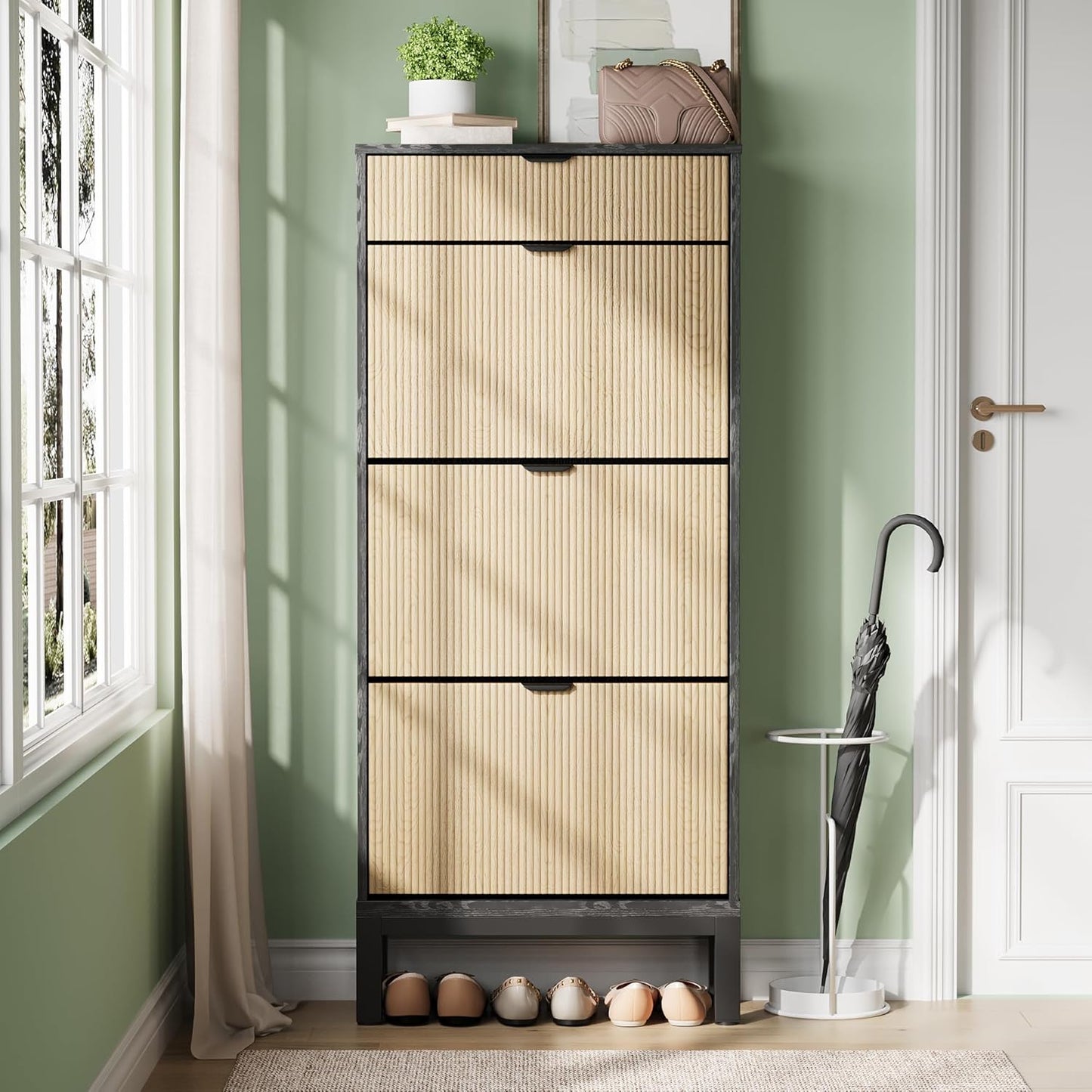 GarveeHome Shoe Cabinet with 3 Flip Doors & 1 Drawer, Entrance Wooden Shoe Rack with Iron Legs, Slim Shoe Storage Cabinet, Modern Fluted Shoe Organizer for Entryway Hallway, Black+Oak