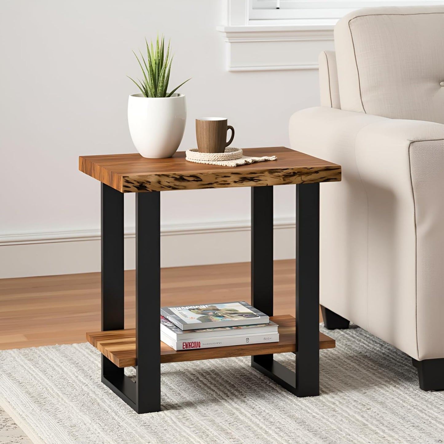 Alpine 2-Tier End Table with Live Edge Design – 27-Inch Solid Acacia Wood Industrial Side Table with Storage Shelf – Modern Nightstand or Accent Table for Living Room by Alaterre Furniture