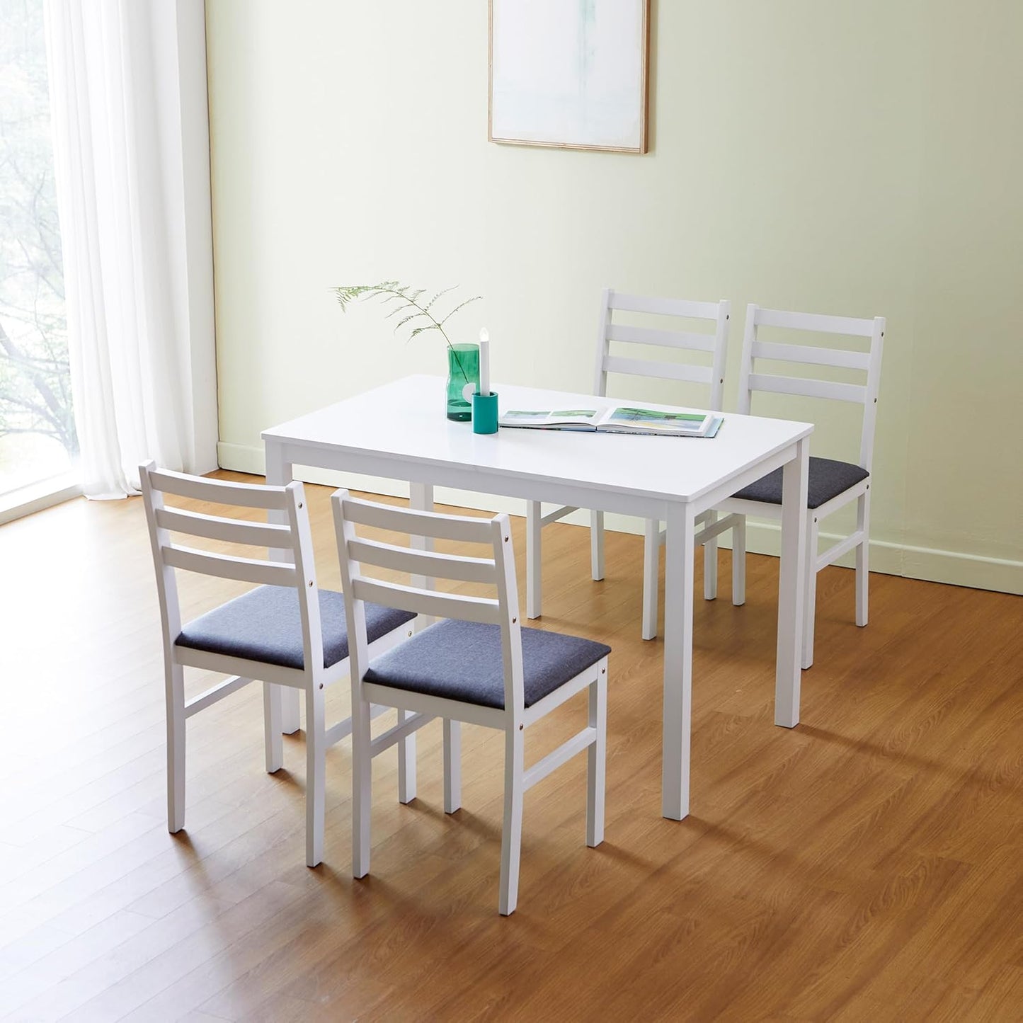 Livinia Seattle 5-Piece Wooden Dining Table Set for 4, Modern Farmhouse Kitchen Dining Room Set with Solid Wood Ladder Back Chairs for Small Space (White)