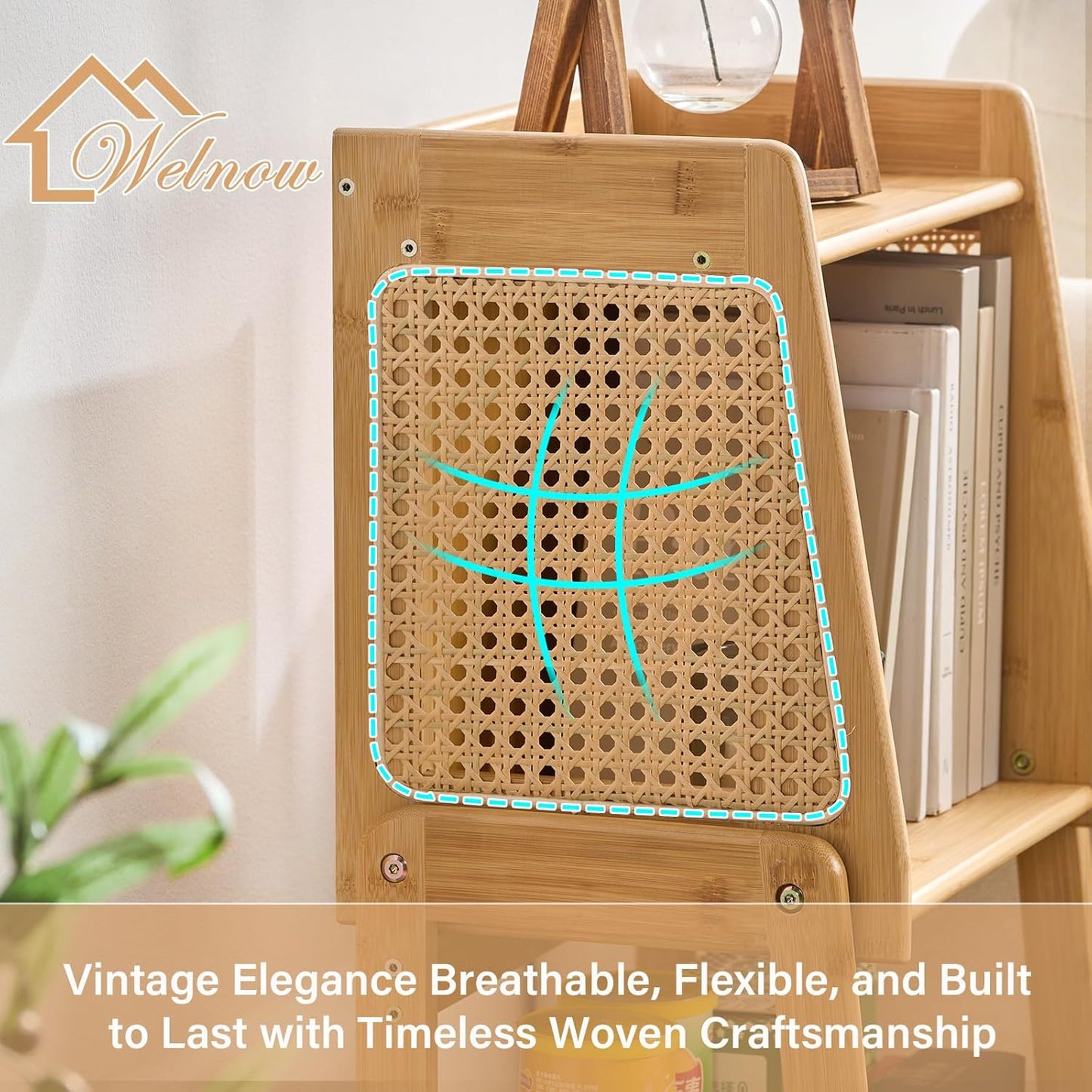 Welnow Bamboo Rattan Bookcase with Cabinet, 2-Tier Storage Shelf with Side Table & End Table Function, Large Modern Wood Organizer for Living Room or Bedroom, Natural Bookshelf