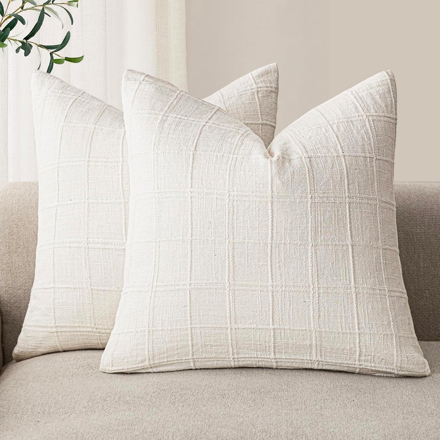 Foindtower Set of 2 Decorative Linen Check Throw Pillow Covers Neutral Farmhouse Vintage Cushion Covers Modern Boho Home Decor for Sofa Chair Couch Bedroom Living Room Outdoor,26×26 Inch,Cream White