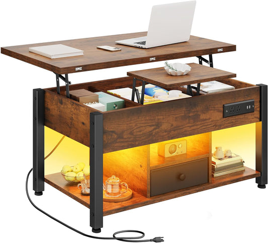 YITAHOME 4-in-1 Lift Top Coffee Table with RGB Light & Dual Tops, Multi-Function Table with Power Outlets, Storage, Converts to Dining Table Computer Desk Gaming Hub, Living Room, Home Office, Brown