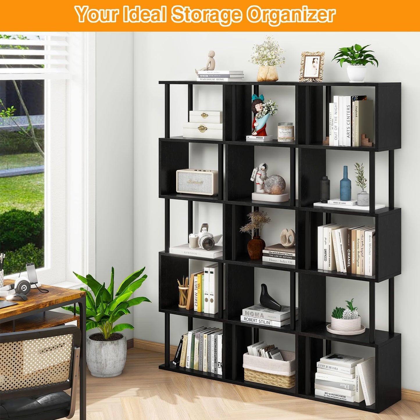 IBUYKE 6-Tier Tall Bookshelf,S-Shaped Geometric Bookcase, Wood Display Shelves with Storage,Modern Bookshelf for Living Room Bedroom, Home Office, Black WBC016B