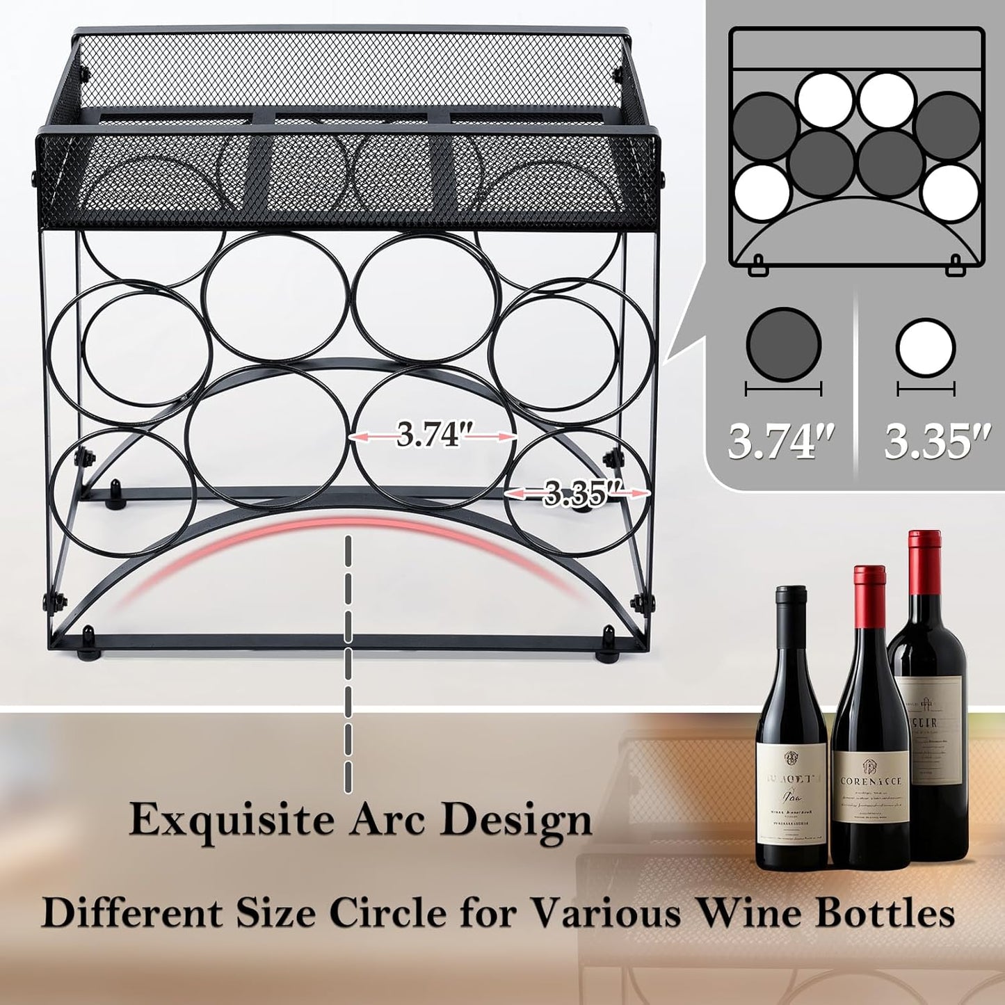 NOBLEMOOD 8 Bottles Countertop Wine Rack, Metal Tabletop Wine Bottles Holder with Top Storage Basket, Small Wine Rack Stand with Tray, Adjustable Feet for Home Kitchen Counter Dining Room