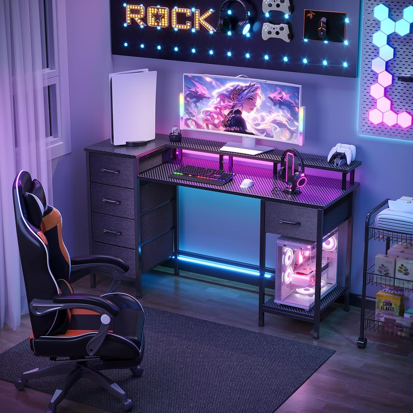 55 Inch Computer Gaming Desk with Power Outlets LED Lights, Reversible Home Office with Adjustable Fabric Storage Drawers for Working Writing Study,Carbon Fiber Black