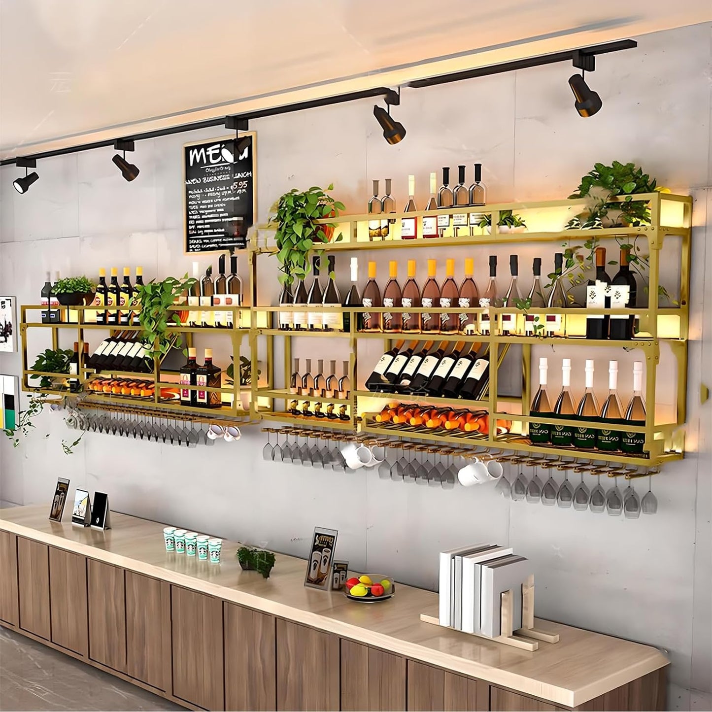 Metal Wall-Mounted Wine Rack with LED Light - 3 Tier Wine Storage Display Rack with Glass Holder - Space-Saving Bottle Display Shelf for Home Bars, Dining Rooms(Gold, 47in/120cm)