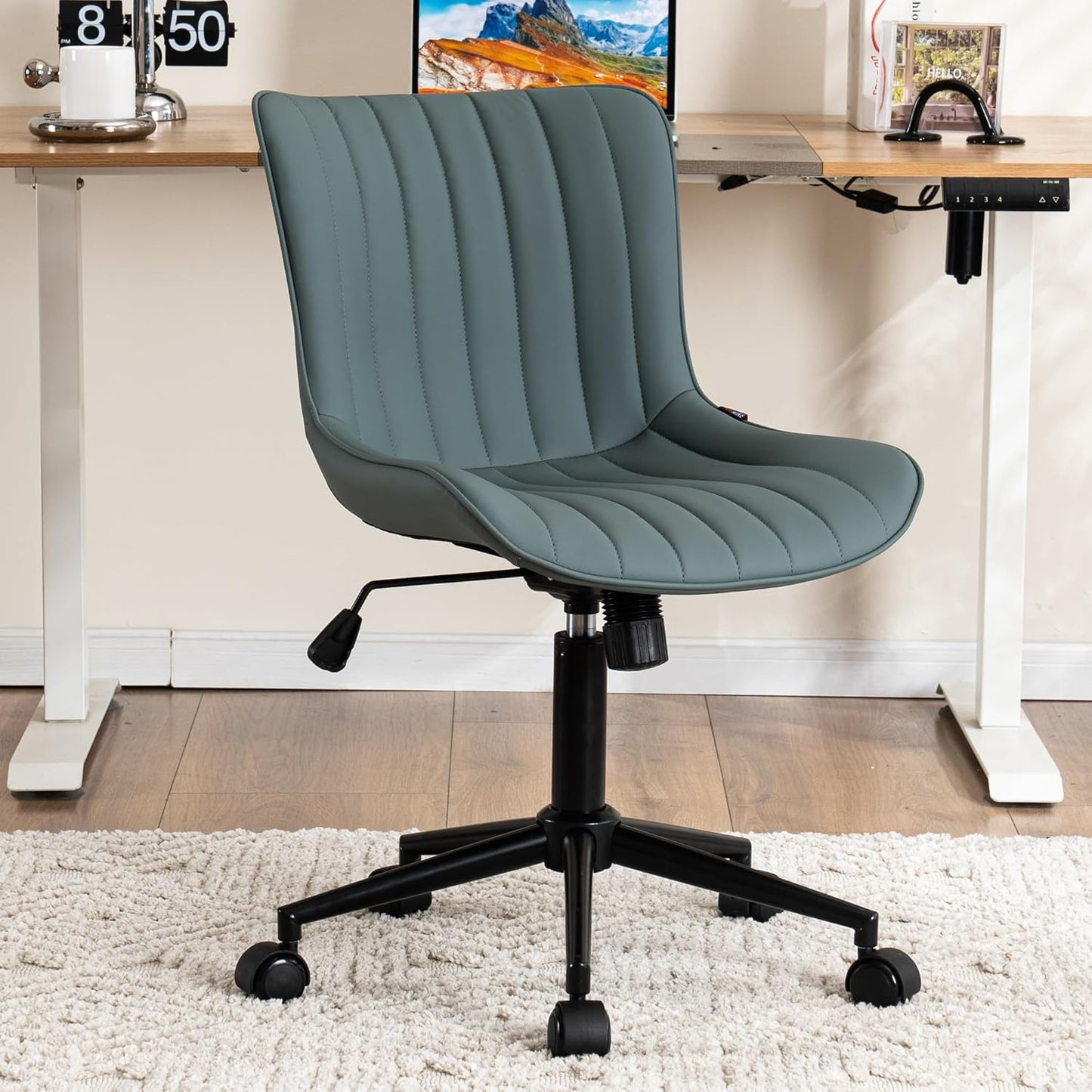 YOUNIKE Home Office Desk Chair with Wheels Armless Compact Comfy Vanity Chair with Adjustable Back Modern Small Leather Upholstered Rolling Swivel Cute Computer Task Chair No Arms Greyish Green
