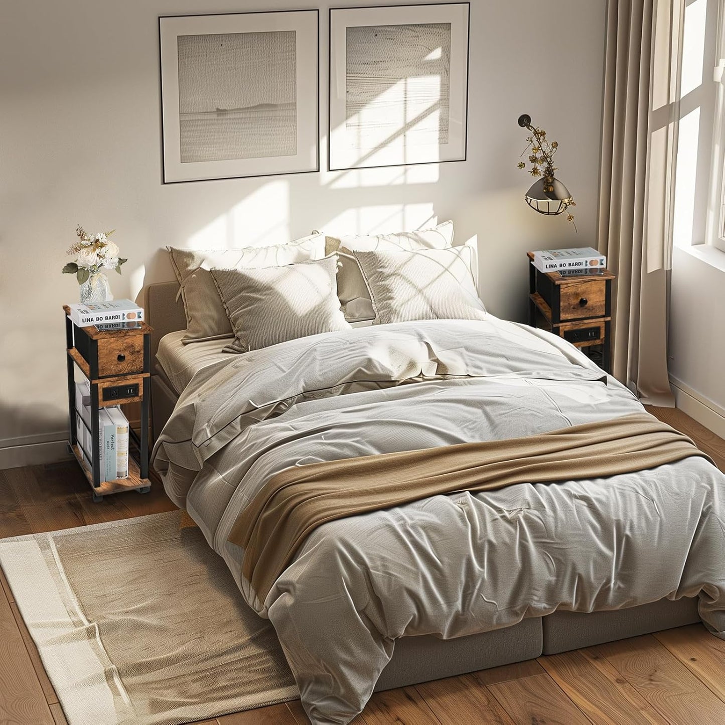 Side Table Set of 2, Side Table with Charging Station and Drawer, Narrow End Table with USB Ports and Outlets for Small Space, Living Room, Bedroom and Office, with 4 Wheels