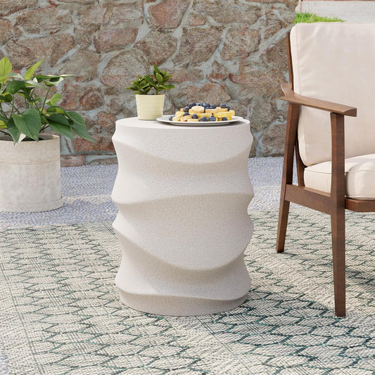 COSIEST Outdoor Side Table, 18''H Concrete Side Table for Patio, Streamlined Lightweight Accent Table, Decorative Patio Garden Stools, Plant Stand Drum Table, Round, Spotted White