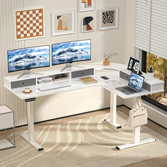 67" L Shaped Standing Desk, Electric Height Adjustable Corner Table with Drawers, Modern Standing Gaming Desk with Monitor Stand for Home Office Entertainment, Snow White