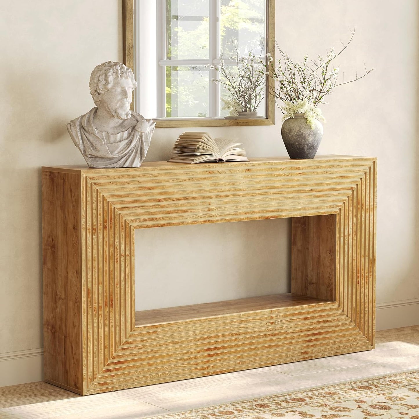 LITTLE TREE 59-Inch Console Table with Storage, 2-Tier Farmhouse Fluted Sofa Table Behind Couch, Large Narrow Entryway Furniture for Living Room, Foyer (Light Walnut)