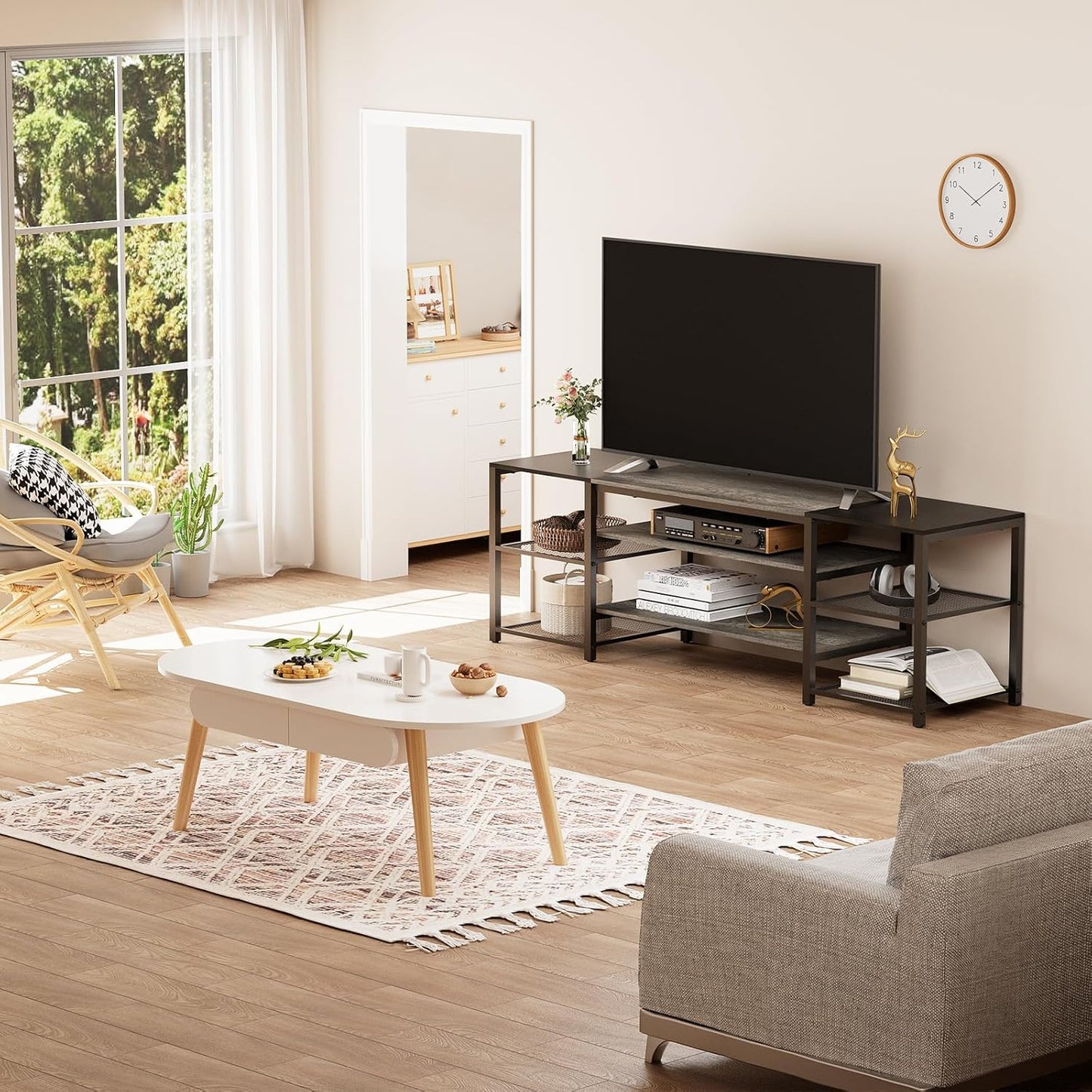 Modern Television Stand for 65 Inch TVs with Industrial Color Grey & Black, Metal Frame Storage Shelves with Open 3-Tier for Entertainment Center, Bedroom, Living Room