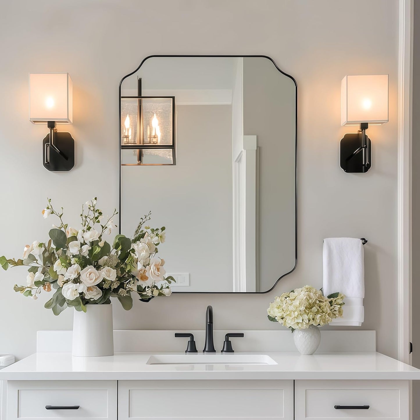 Scalloped Mirror, 24"x32" Black Mirror for Bathroom, Matte Black Mirror with Anti-Rust Metal Frame, Asymmetrical Mirrors with Wavy Edge for Powder Room, Living Room, Foyer, Master Room