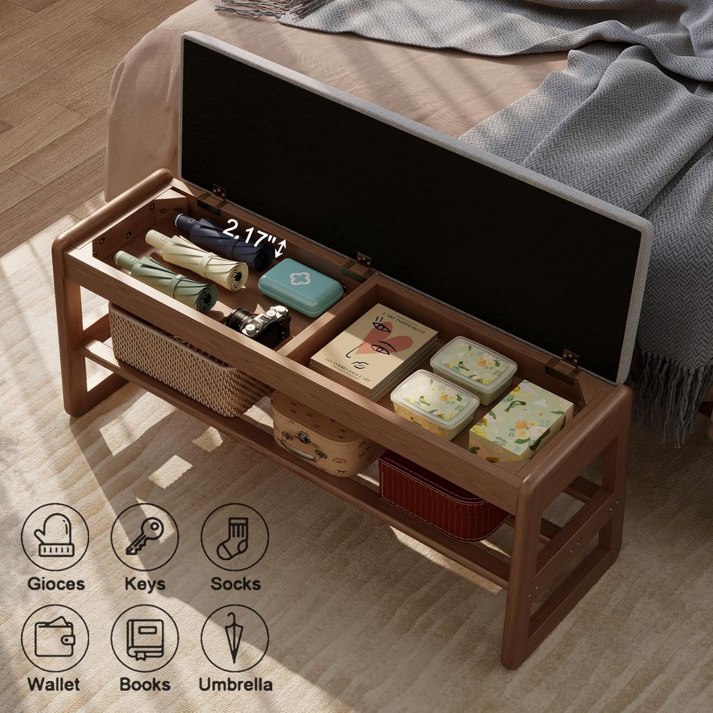 Shoe Rack Bench with Cushion, 2 Tiers Shoe Bench with Flip-Top Storage,Wood Shoe Rack for Entryway,Hallway（Walnut,39.3"）