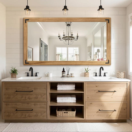 Full Length Mirror with Wooden Frame, 55"X30" Solid Wood Standing Floor Mirror for Farmhouse, Bathroom, Bedroom Decor, Hanging or Leaning Wall-Mounted