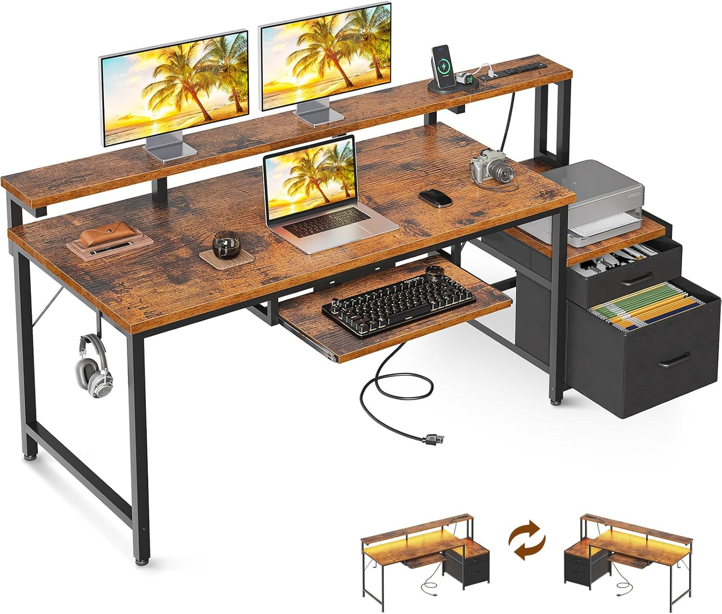 AODK Computer Desk with Drawers and Keyboard Tray, 63" Office Desk with Power Outlet, Reversible Study Work Desk with Printer Shelf and PC Stand for Home Office, Vintage