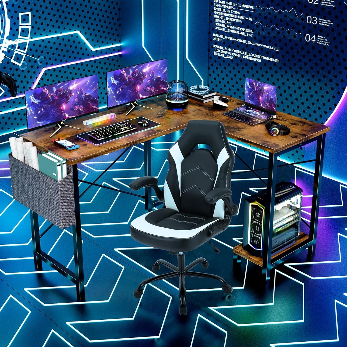 Sweetcrispy L Shaped Desk - Computer Corner Gaming PC Table with CPU Stand Side Bag for Home Office Dorm Sturdy Writing Workstation