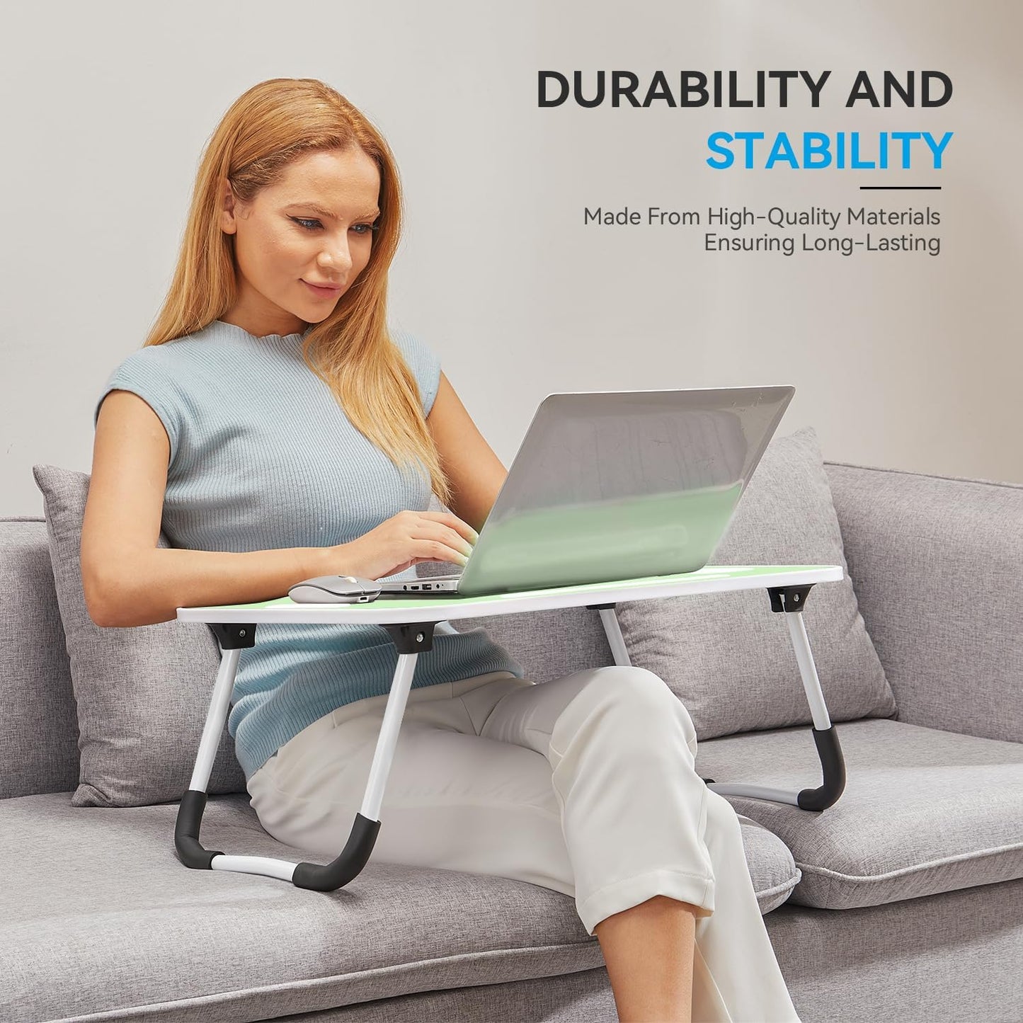 BUYIFY Folding Lap Desk, 23 Inch Portable Wood Green Laptop Bed Desk Lap Desk with Cup Holder, for Working Reading Writing, Eating, Watching Movies for Bed Sofa Couch Floor