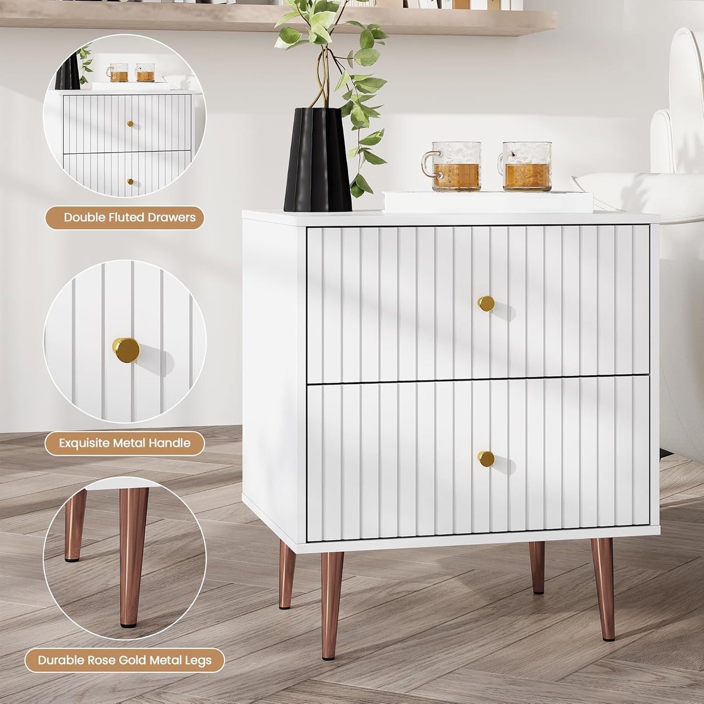 Black Night Stand Set 2,Fluted Nightstand with Door and Open Storage Space,Modern Bedside Table and Wood End Side Table with Golden Metal Legs and Handles for Bedroom,Black (White, 2 Drawers)