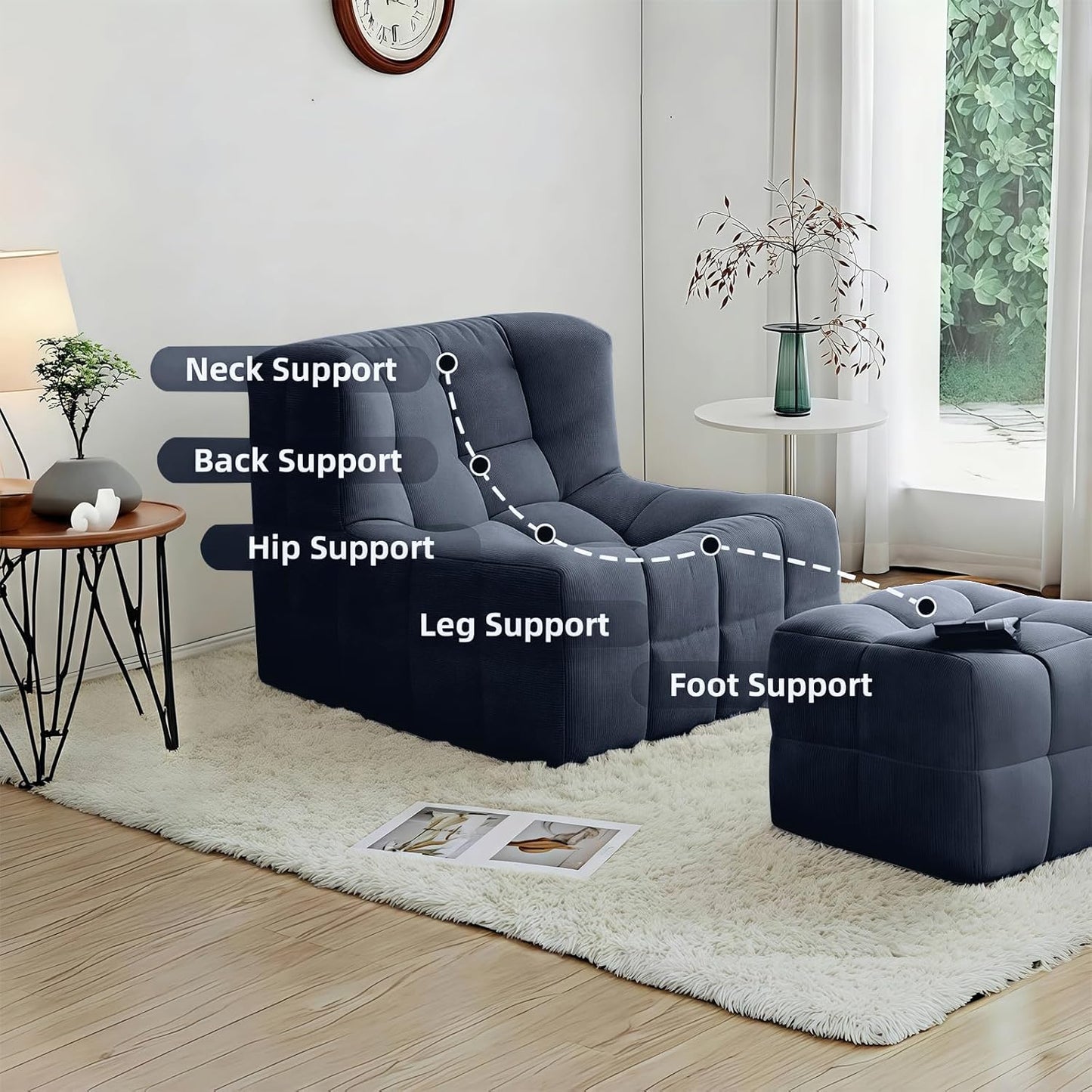 Bean Bag Chair - Memory Foam Bean Bag Chair for Adults, Comfy High-Resilience Single Sofa, Small Space Floor Chair, Chaise Lounge for Living Room, Bedroom (Dark Blue, Square + Ottoman)