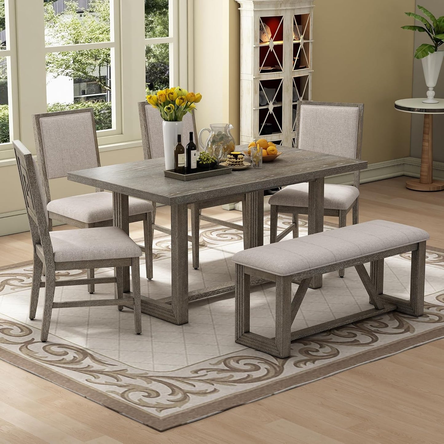 Ball & Cast 6-Piece Dining Table Set for 6 People, 60" Wood Dining Kitchen Table & Chairs Set, Dining Room Table with Upholstered Chairs and 1 Bench, Perfect for Dining Room, Kitchen, Gray
