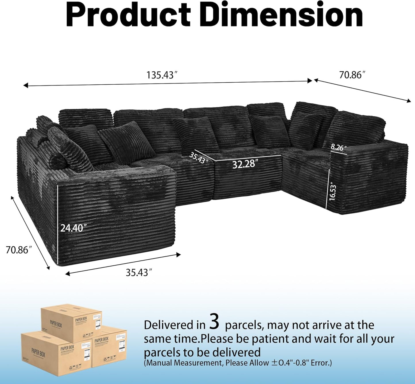 KEIKI 135" U Shape Sectional Sofa,6-Seater Modular Couch with Striped Corduroy Fabric for Living Room,Reversible Design