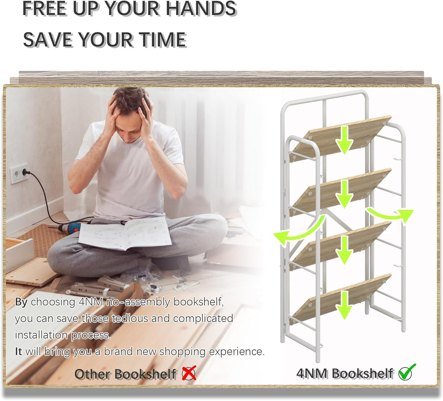 4NM No Assembly Folding Bookshelf 4 Tiers Vintage Industrial White Book Shelf Metal Foldable Storage Bookcase and Bookshelves for Living Room,Bedroom and Kitchen - Natural
