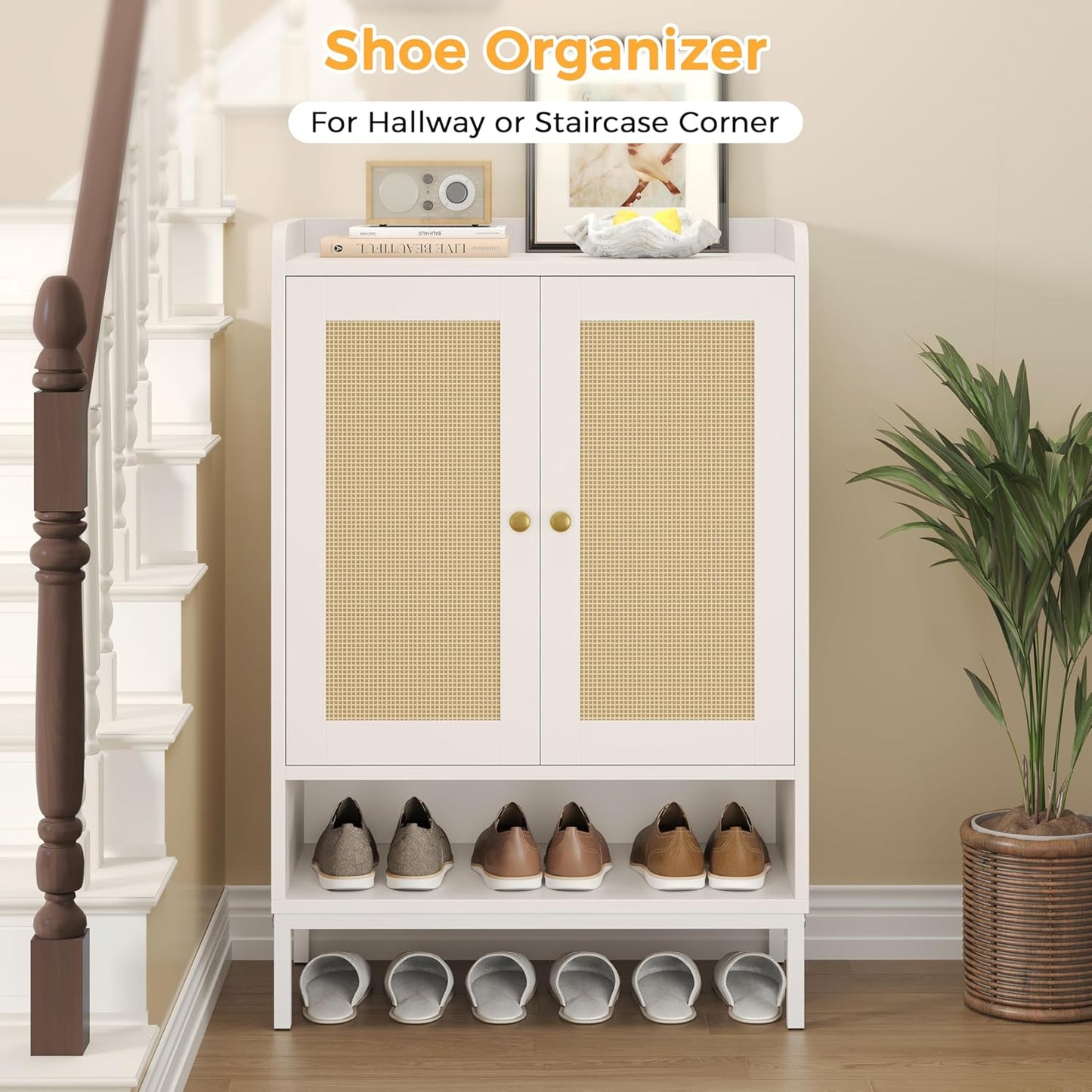 Rattan Shoe Cabinet Storage for Entryway, Shoe Cabinet with Adjustable Shelves for Entryway, 5-Tier, 20 Pair Shoe Rack Storage for Hallway, Closet, Living Room, White
