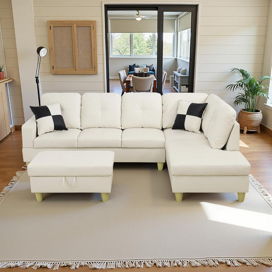Couches for Living Room Faux Leather L Shaped Couch Comfy 3 Pieces Sectional Sofa with Chaise, Ottoman with Storage for Office and Small Apartment, White