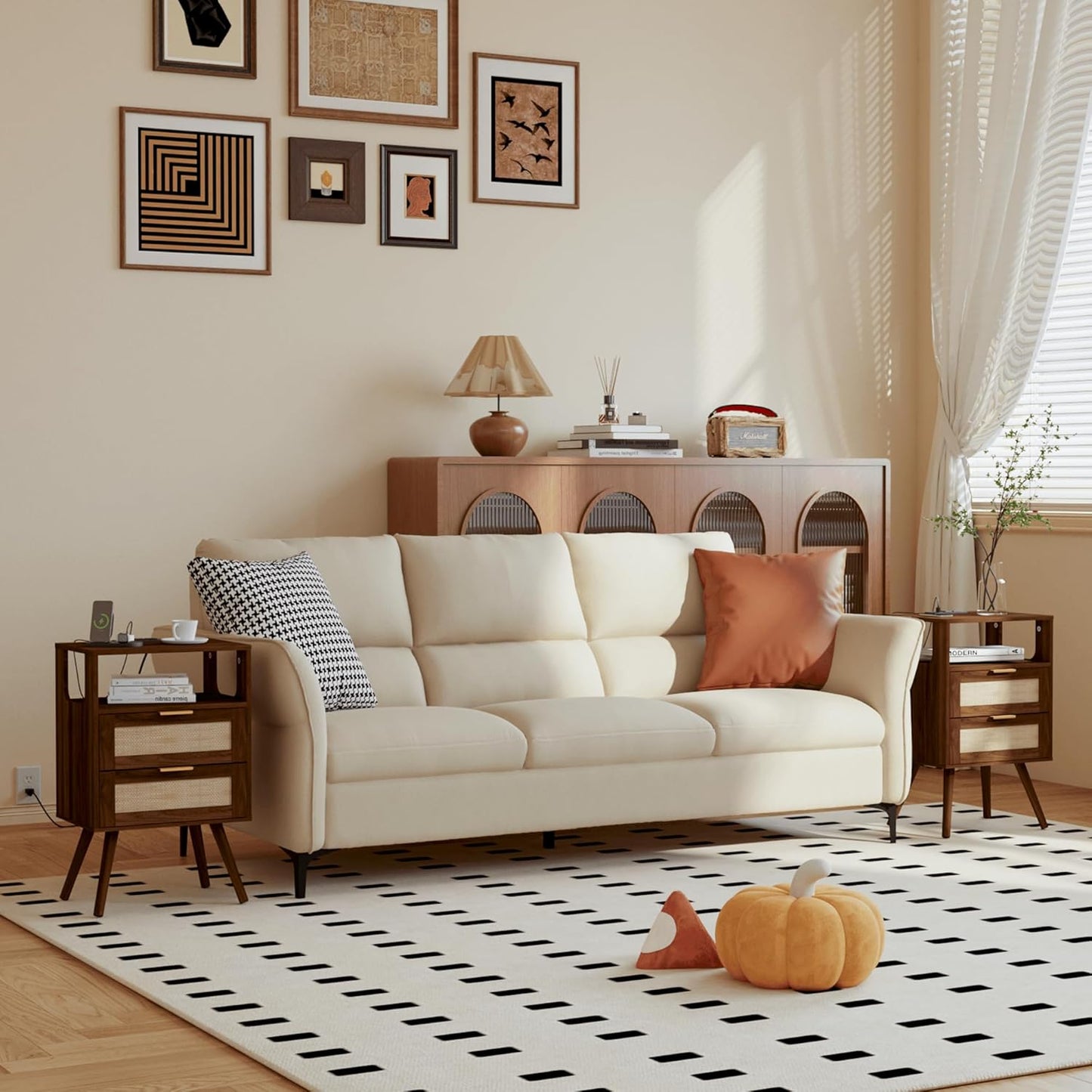 Rattan Nightstand with Charging Station,Farmhouse Bedside Table with 2 Storage Drawer and Open Wood Shelf, for Bedroom and Small Spaces,Night Stand with Solid Wood Legs (Walnut Brown-Outlet)