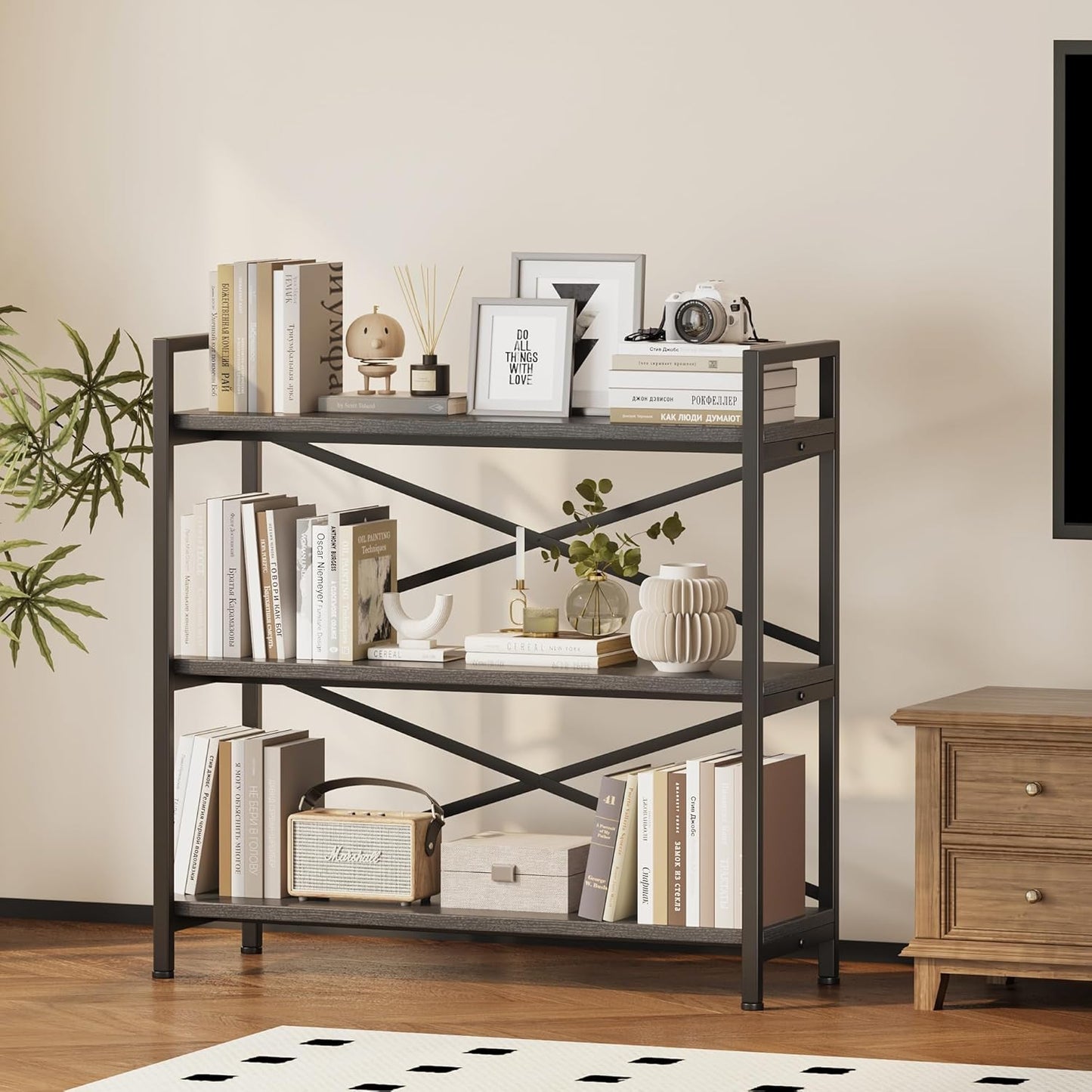 Homeiju 3 Tier Bookshelf 31.49" Width, Wood and Metal Etagere Bookcase, Vintage Farmhouse Modern Wooden Big Book Shelf for Home Living Room Bedroom Office Storage(Grey)