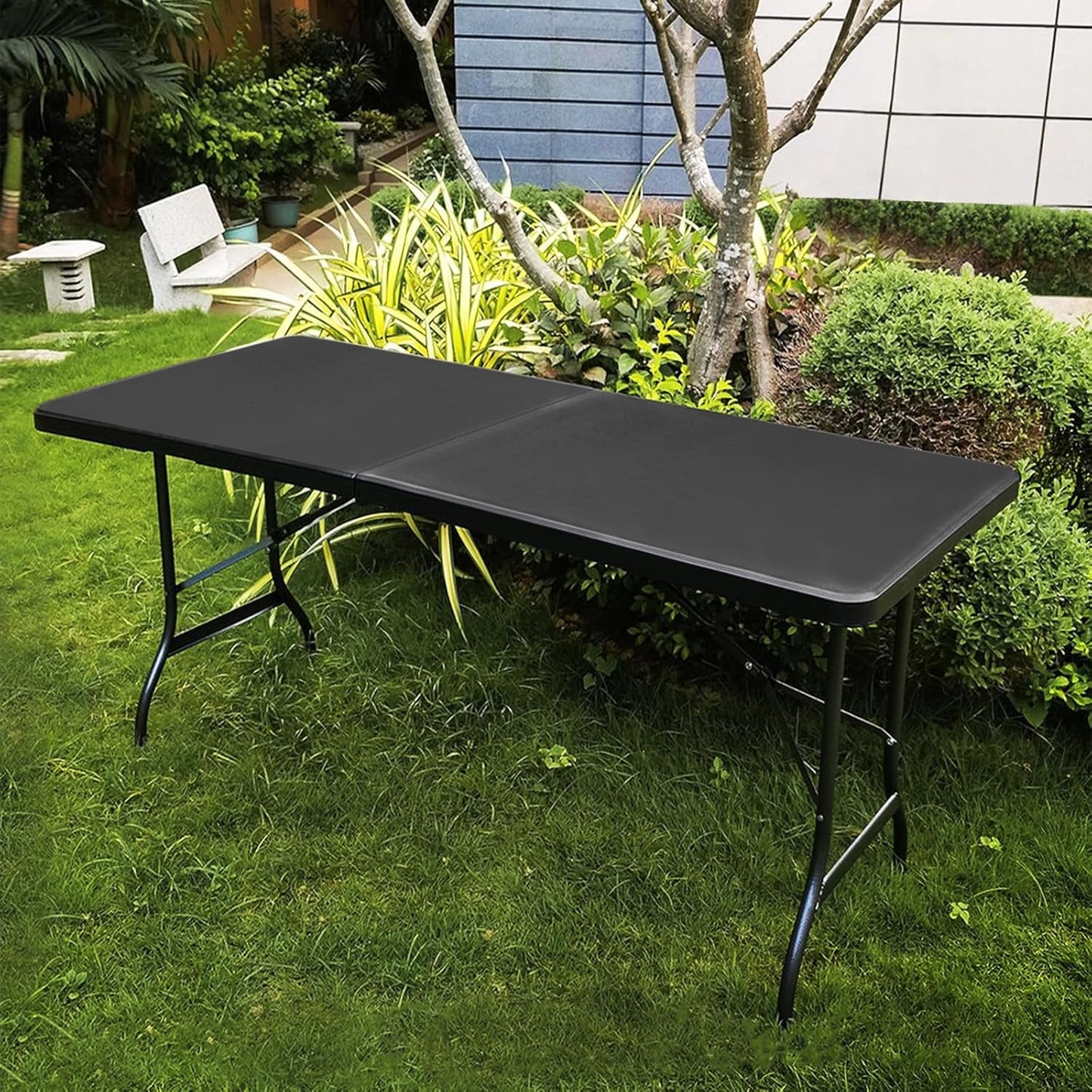 Athena Collection 6 ft Square Folding Dining Table, Large Plastic Foldable Table Portable with Carry Handle, Heavy Duty Fold-in-Half Utility for Indoor Outdoor Party Camping Picnic, Black