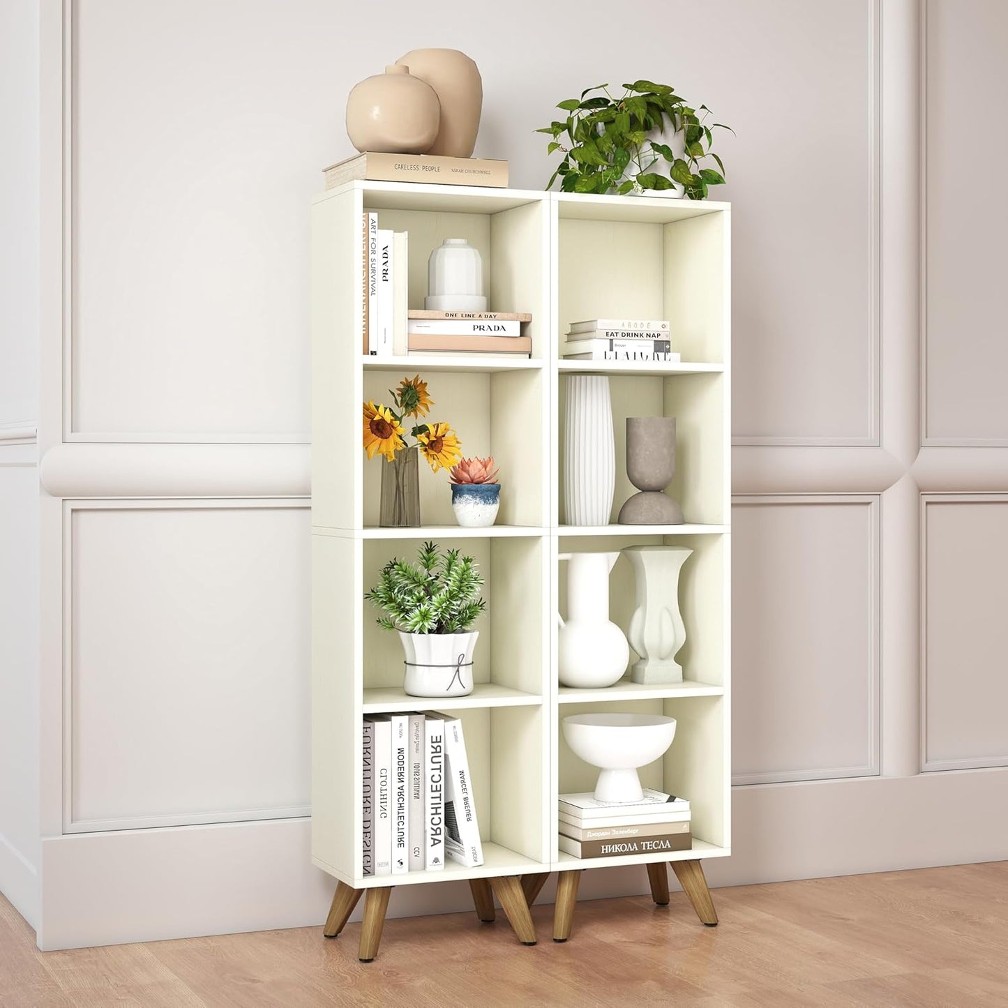 Manora Small Bookcase with 4 Open Shelves, Modern White Bookshelf with Wooden Legs, Narrow Storage Organizer for Living Room, Bedroom, Office