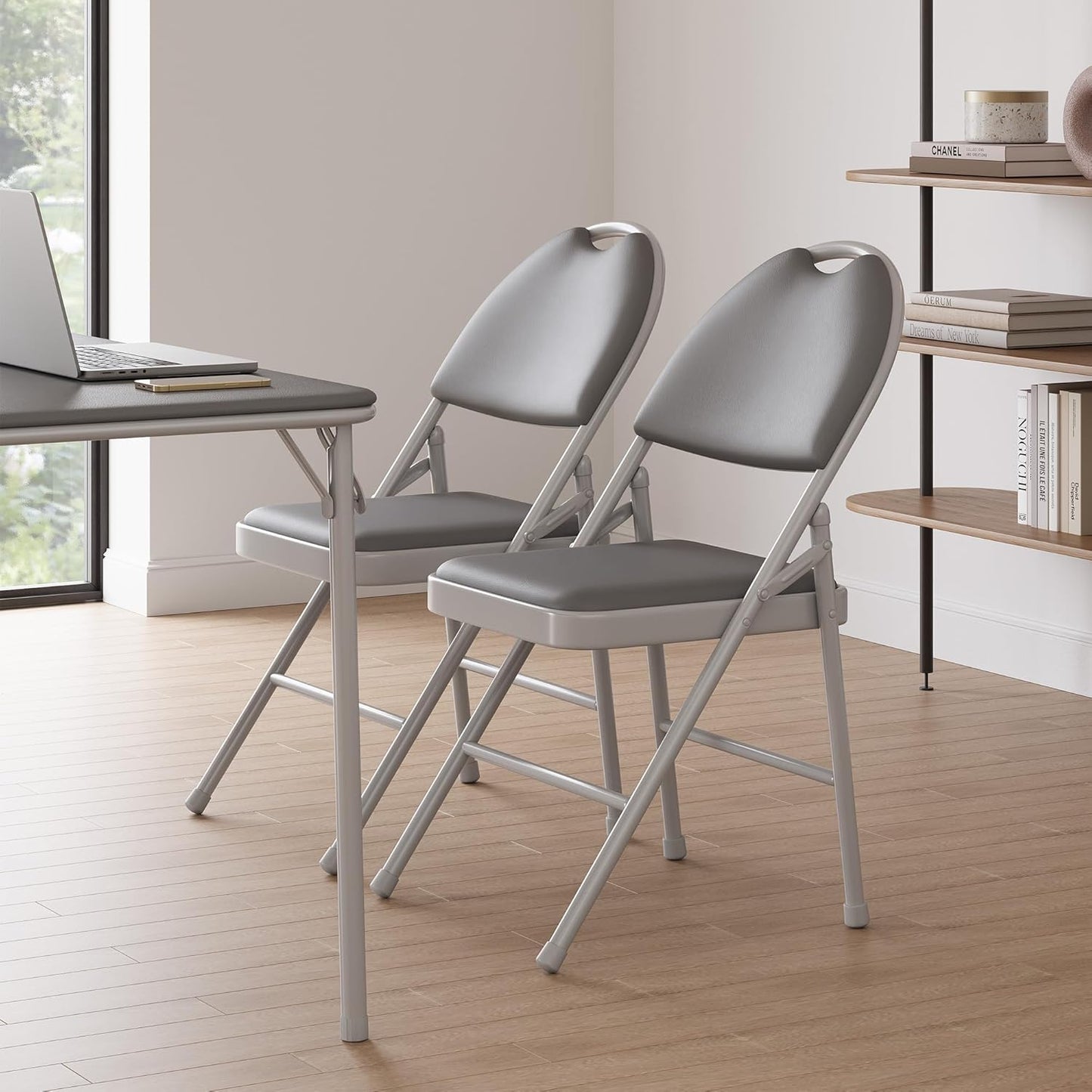 GarveeHome 4 Pack Folding Chairs with PU Leather Padded Cushion and Back, Metal Foldable Chair for Indoor Outdoor, Commercial Stackable Guest Chairs for Camping, Dining Room, Office, Party, Grey