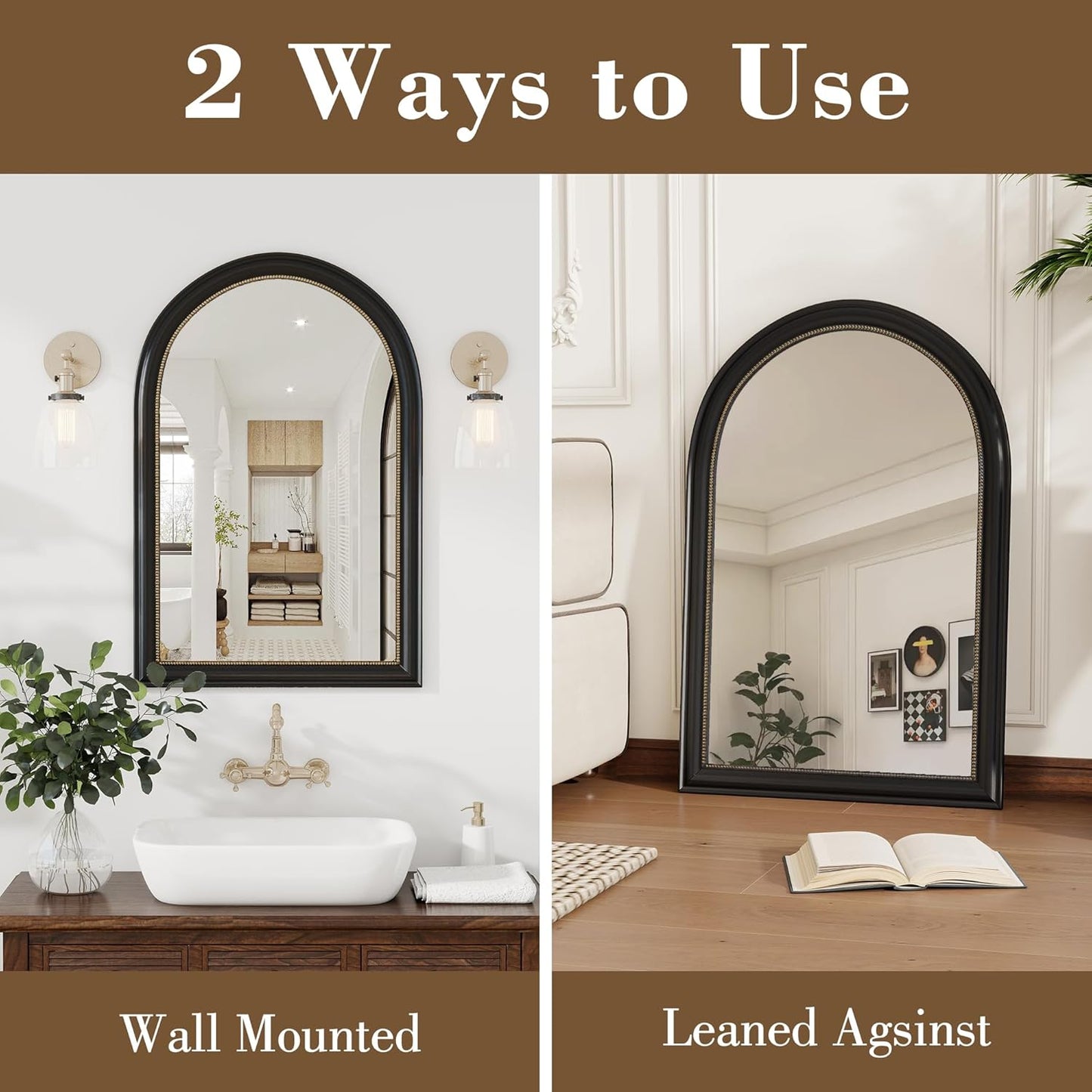 Axeman 32x48 Arched Wall Mirror, Decorative Bathroom Mirror, Traditional Vintage Wall Mounted Mirror with Beaded Frame for Accent Living Room Vanity Bedroom Entryway, Black