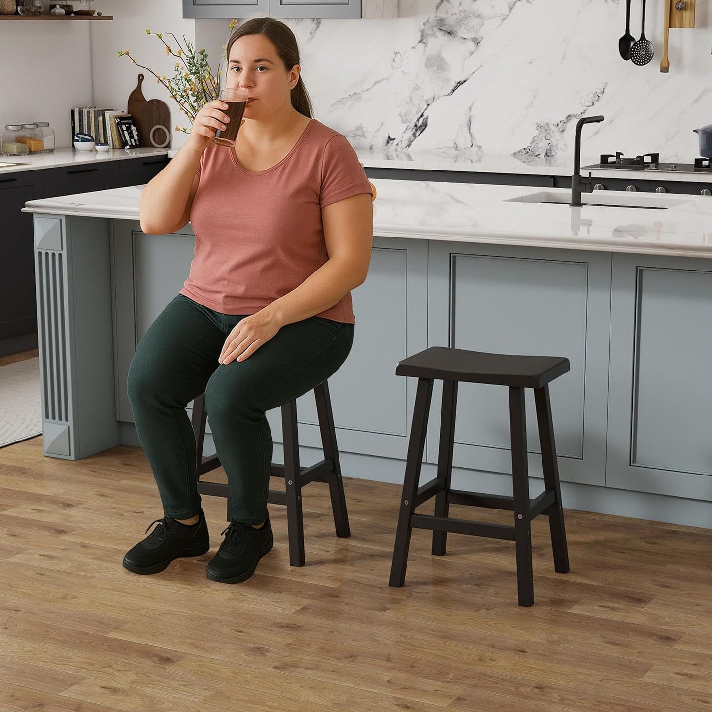 Bar Stools Set of 4, Waterproof UV-Resistant,Durable Resin Kitchen Island Chairs for Indoor & Outdoor Use, Modern Design for Home,Bar,and Cafe (24'' Black-4)