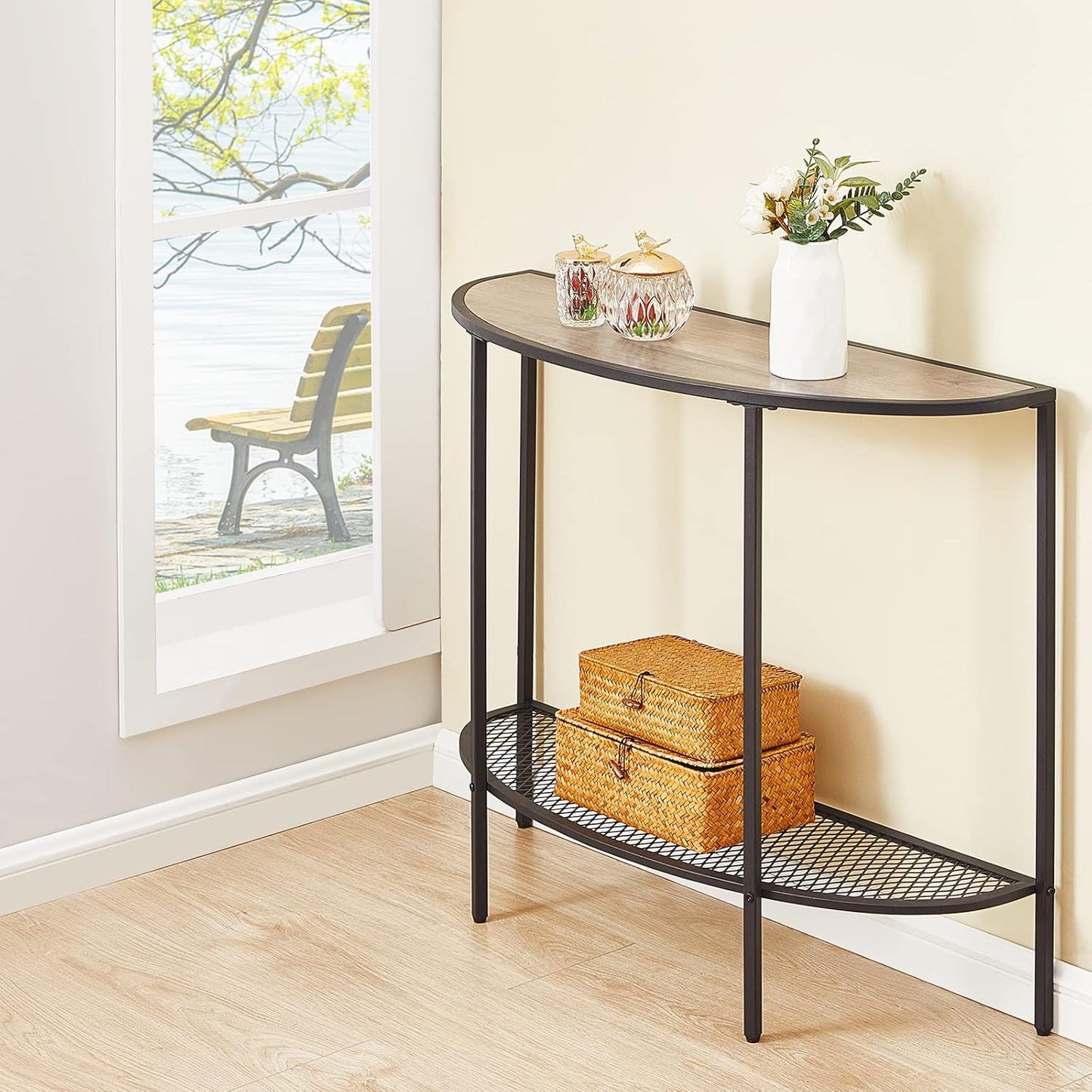 SAYGOER Console Table 2 Tier Narrow Entryway Table with Storage Shelves Half Moon Sofa Couch Table Industrial Small Entry Way Tables for Living Bedroom Hallway Office Easy Assembly, Gray Black