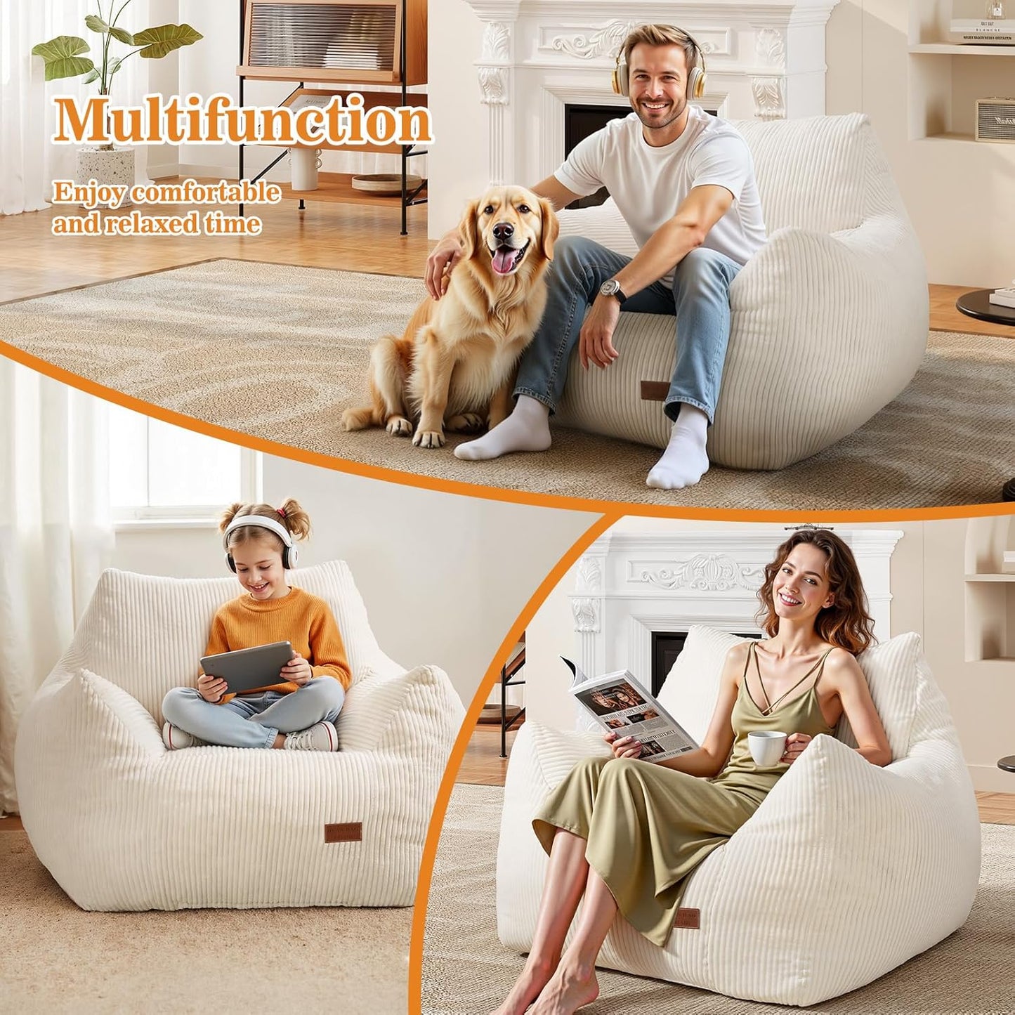 Big Bean Bag Chair for Adults & Kids, Ultra Soft Living Room Bean Bag with Armrests, Stuffed BeanBag Floor Sofa for Napping, Gaming, Lounging, Beige