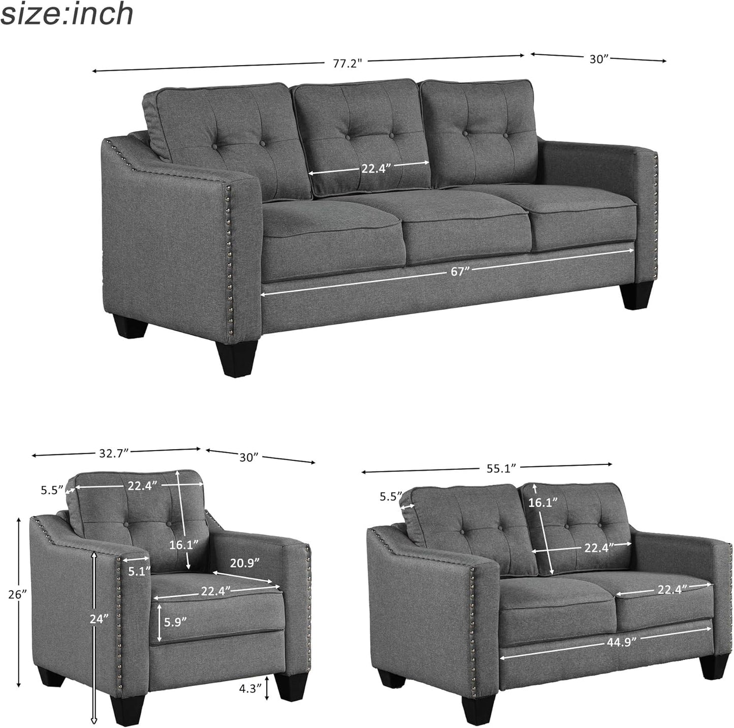 FANYE 3 Pieces Living Room Furniture Sets Include Sofa, Loveseat and Armchair, Linen Fabric Upholstered Sectional Couch with Classical Rivets Decor and Tufted Back Cushions, Retro Gray Sofa & Couch