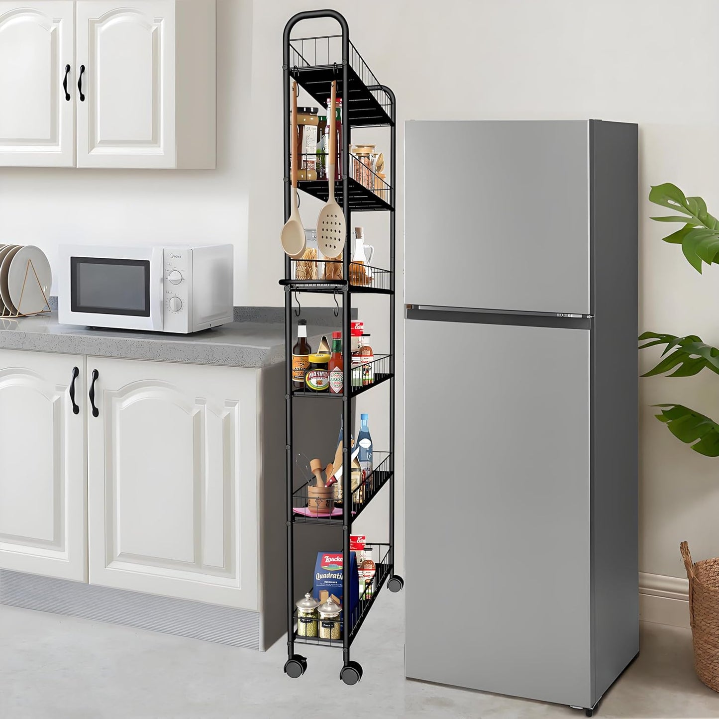 Slim Rolling Cart,6-Tier Storage Cart with Handle, 6in Mobile Shelving Unit with Wheels, Metal Wire Storage Rack with Baskets for Kitchen Bathroom Office Laundry Narrow Piaces