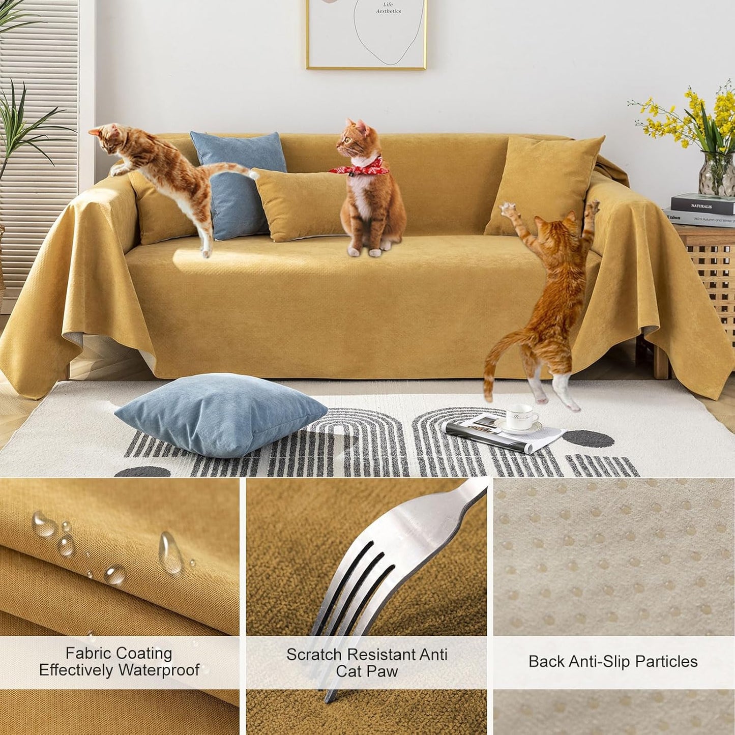 STACYPIK Waterproof Yellow Couch Cover,Non-Slip Sofa Cover for Loveseat, Water Resistant Furniture Protector, Sofa Cover for 3 Cushion Couch,L Shaped for Sectional, Anti-Scratch Sofa Covers-71X150IN