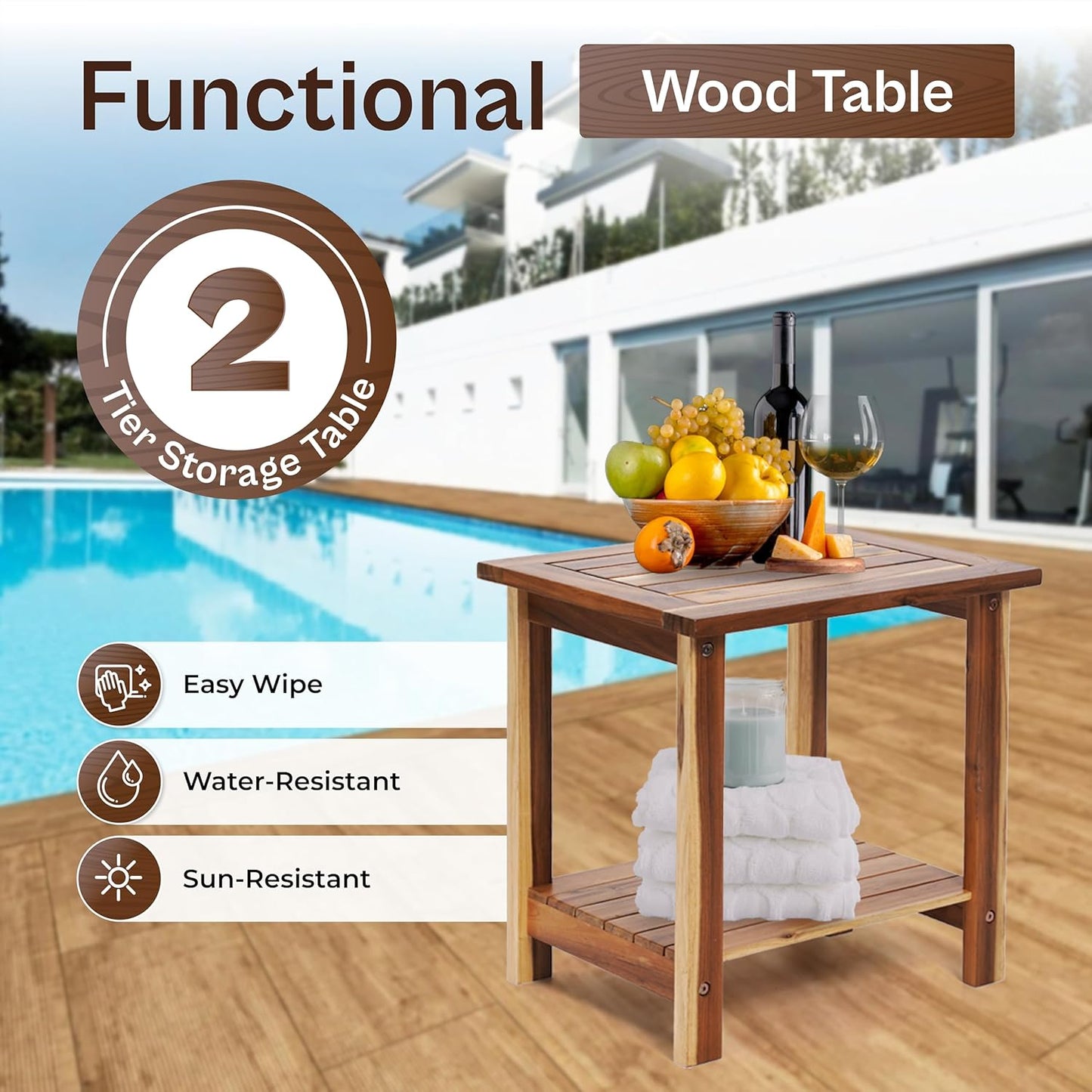 Adirondack Side Table – Weather-Resistant Rectangular End Table for Patio, Garden, Lawn, or Living Room | Indoor & Outdoor Wood Side Table, Rustic Style (Natural)